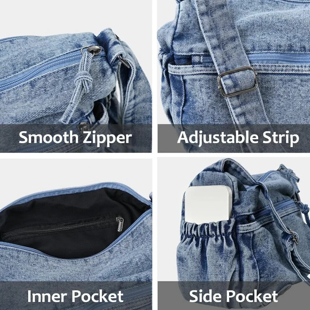 Women's Denim Tote Bag Casual Hobo Purse Adjustable Crossbody Spacious